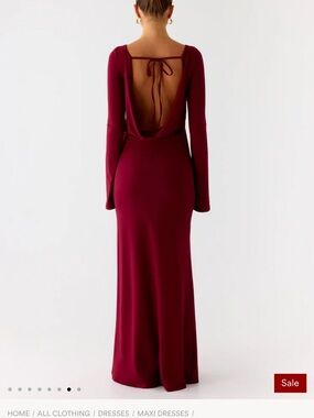 Peppermayo Wine-Red Long Sleeve Backless Maxi Dress